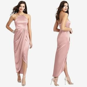 NWT HALTER MIDI DRESS WITH DRAPED TULIP SKIRT IN‎ DESERT ROSE style 6829 size 2